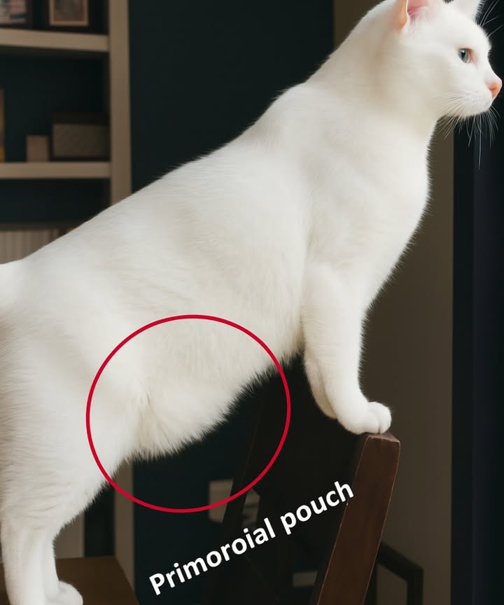 The Cats Primordial Pouch

This small fold of skin under a cats belly is a natural feature found in many feline species. It develops in adulthood, even in slim cats, and serves several important purposes.

 Wild heritage: a physical reminder of the cats wild ancestors and their natural adaptations.
 Energy reserve: holds a thin layer of fat that can be useful during periods without food.
 Flexibility and agility: allows greater freedom of movement during jumps, stretches, and running.
 Abdominal protection: acts as a soft cushion to protect vital organs during play or fights.

This pouch is not a sign of excess weight but a functional part of feline anatomy designed for survival and mobility.
