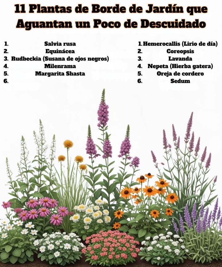 11 Plantas de Borde de Bajo Mantenimiento 

1. Salvia Rusa  Tolerante a la sequía, prospera en suelos pobres Zonas 49.
2. Echinacea  Florece largo tiempo, atrae polinizadores Zonas 39.
3. Susan de Ojos Negros  Resistente y se siembra sola Zonas 39.
4. Milenrama  Maneja condiciones secas, mejora el suelo Zonas 39.
5. Margarita Shasta  Perenne clásica, ideal para ramos Zonas 49.
6. Lirio de Día  De bajo mantenimiento, sobrevive al descuido Zonas 310.
7. Coreopsis  Resistente a la sequía, flores duraderas Zonas 49.
8. Lavanda  Fragante, repelente de plagas, ama el calor Zonas 59.
9. Nepeta  Se extiende fácilmente, favorita de los polinizadores Zonas 38.
10. Oreja de Cordero  Cubresuelo plateado Zonas 48.
11. Sedum  Hojas que almacenan agua, perfecto para lugares secos Zonas 39.

Transforma tu jardín sin esfuerzo!