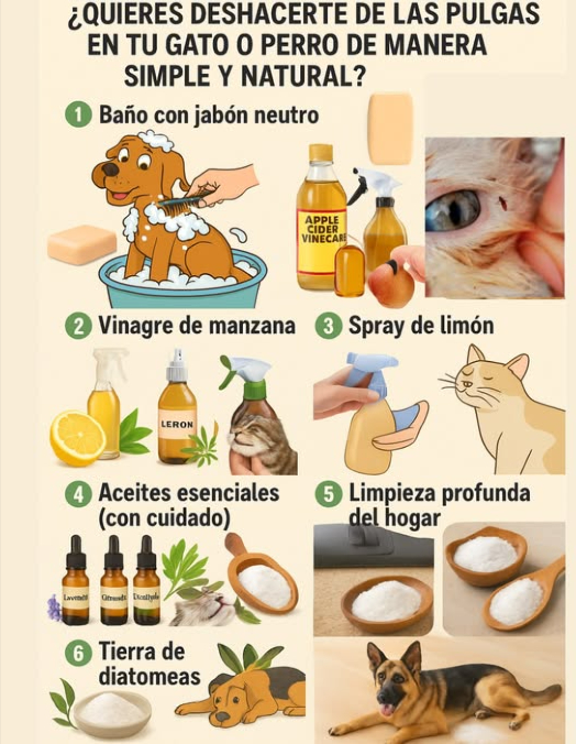 Quieres deshacerte de las pulgas en tu gato o perro de manera simple y natural? 殺 Aquí te dejamos algunos métodos efectivos:
 1. Baño con jabón neutro: 
Dale un baño a tu mascota con agua tibia y jabón neutro como jabón para bebés o jabón de castilla. El agua y el jabón ayudan a desprender las pulgas, mientras que un peine antipulgas puede ayudar a eliminar las pulgas muertas del pelaje.
 2. Vinagre de manzana: 
Mezcla partes iguales de agua y vinagre de manzana en un rociador. Aplica suavemente sobre el pelaje de tu mascota, evitando la zona de los ojos. El olor y la acidez del vinagre actúan como repelente para las pulgas.
 3. Spray de limón: 
Hierve rodajas de limón en agua, deja enfriar y cuela. Utiliza esta mezcla natural para rociar a tu mascota, ya que el limón tiene propiedades que repelen las pulgas.
 4. Aceites esenciales con cuidado: 
El aceite de lavanda, citronela o eucalipto puede ayudar a mantener alejadas a las pulgas, pero asegúrate de diluirlos unas gotas en agua y nunca los uses en gatos, ya que son sensibles a muchos aceites esenciales.
識 5. Limpieza profunda del hogar: 
Aspira alfombras, muebles y lava las camas de tus mascotas con agua caliente. Puedes usar bicarbonato de sodio o sal en las alfombras antes de aspirar para deshidratar pulgas y sus huevos.
 6. Tierra de diatomeas: 
Espolvorea tierra de diatomeas de grado alimenticio en los lugares donde suele estar tu mascota. Esta tierra es natural y ayuda a matar pulgas deshidratándolas, pero evita que tu mascota la inhale.
Sigue estos consejos y mantén a tu peludo libre de pulgas!