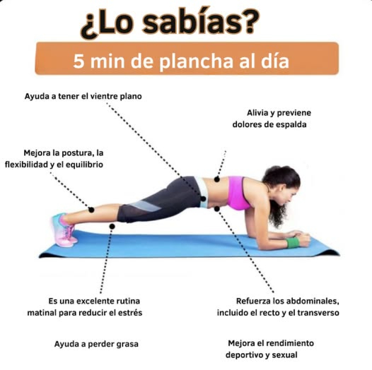 5 minutos de plancha al día
1_ Ayuda a mantener el vientre plano.
2_ Alivia y previene los dolores de espalda.
3_ Mejora la postura, la flexibilidad y el equilibrio.
4_ Refuerza los músculos abdominales, incluido el recto y el transverso.
5_ Contribuye a reducir el estrés al integrarlo en la rutina matinal.
6_ Favorece la pérdida de grasa.
7_ Potencia el rendimiento físico y sexual.