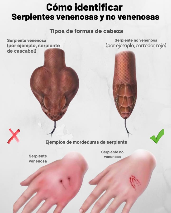 Inteligencia de Serpientes: Venenosas vs. No Venenosas  Conoce la Diferencia!  
Forma de la Cabeza:  
 Venenosas: Cabeza triangular por ejemplo, serpientes de cascabel  
 No Venenosas: Cabeza redondeada  

喝 Marcas de Mordedura:  
 Venenosas: 12 perforaciones profundas de colmillos, hinchazón, dolor severo  
 No Venenosas: Filas pequeñas de dientes, dolor leve  

 Mantente Seguro:  
 Nunca manejes serpientes salvajes  
 Algunas serpientes inofensivas imitan a las venenosas  
 Si te muerden, mantén la calma y busca ayuda médica rápidamente  

 El conocimiento te mantiene seguro!