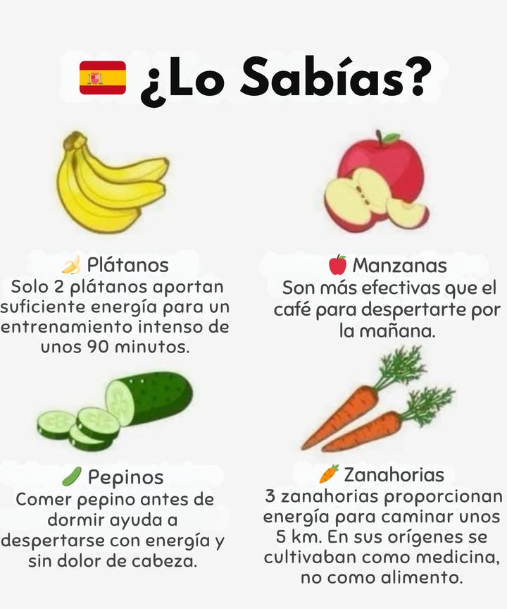 Datos curiosos sobre frutas y verduras

Algunos alimentos naturales aportan beneficios sorprendentes para la energía, el descanso y la salud diaria.

 Plátanos
Dos plátanos proporcionan suficiente energía para un entrenamiento intenso de unos 90 minutos.

 Manzanas
Son más efectivas que el café para ayudarte a despertar por la mañana.

勒 Pepinos
Comer pepino antes de dormir favorece un descanso reparador y ayuda a evitar el dolor de cabeza.

凌 Zanahorias
Tres zanahorias aportan energía suficiente para caminar unos 5 km. En su origen se cultivaban como medicina, no como alimento.

 Una alimentación equilibrada con frutas y verduras frescas contribuye al bienestar y la vitalidad diaria.