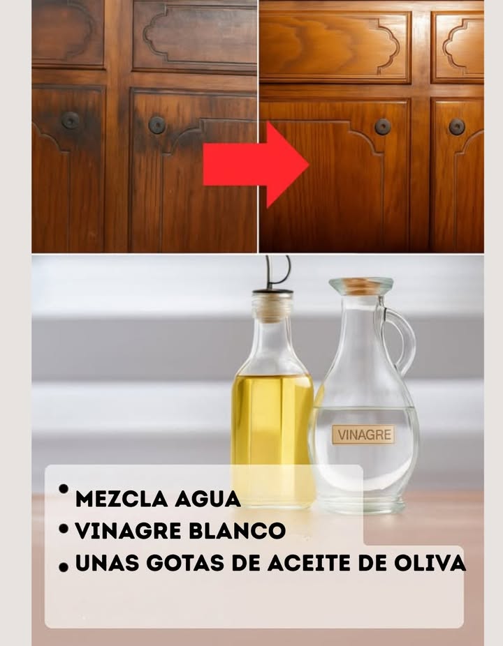 Limpieza natural de puertas de madera  Brillo y limpieza sin productos químicos  
林 Método eficaz:  
1 Mezclar agua, vinagre blanco y unas gotas de aceite de oliva  
2 Aplicar con un paño de microfibra en toda la puerta, incluyendo las manijas  
3 El vinagre desinfecta, el aceite nutre y realza el brillo de la madera  
拏 Alternativas naturales:  
 Leche diluida en agua: rociar y limpiar  
 Café tibio mezclado con agua: limpia y da brillo a la madera oscura  
 Resultado: puertas limpias, nutridas, brillantes sin toxinas ni gastos innecesarios
