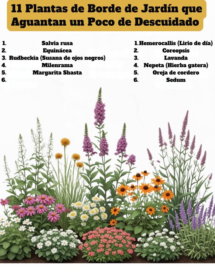11 Plantas de Borde de Bajo Mantenimiento 

1. Salvia Rusa  Tolerante a la sequía, prospera en suelos pobres Zonas 49.
2. Echinacea  Florece largo tiempo, atrae polinizadores Zonas 39.
3. Susan de Ojos Negros  Resistente y se siembra sola Zonas 39.
4. Milenrama  Maneja condiciones secas, mejora el suelo Zonas 39.
5. Margarita Shasta  Perenne clásica, ideal para ramos Zonas 49.
6. Lirio de Día  De bajo mantenimiento, sobrevive al descuido Zonas 310.
7. Coreopsis  Resistente a la sequía, flores duraderas Zonas 49.
8. Lavanda  Fragante, repelente de plagas, ama el calor Zonas 59.
9. Nepeta  Se extiende fácilmente, favorita de los polinizadores Zonas 38.
10. Oreja de Cordero  Cubresuelo plateado Zonas 48.
11. Sedum  Hojas que almacenan agua, perfecto para lugares secos Zonas 39.

Transforma tu jardín sin esfuerzo!