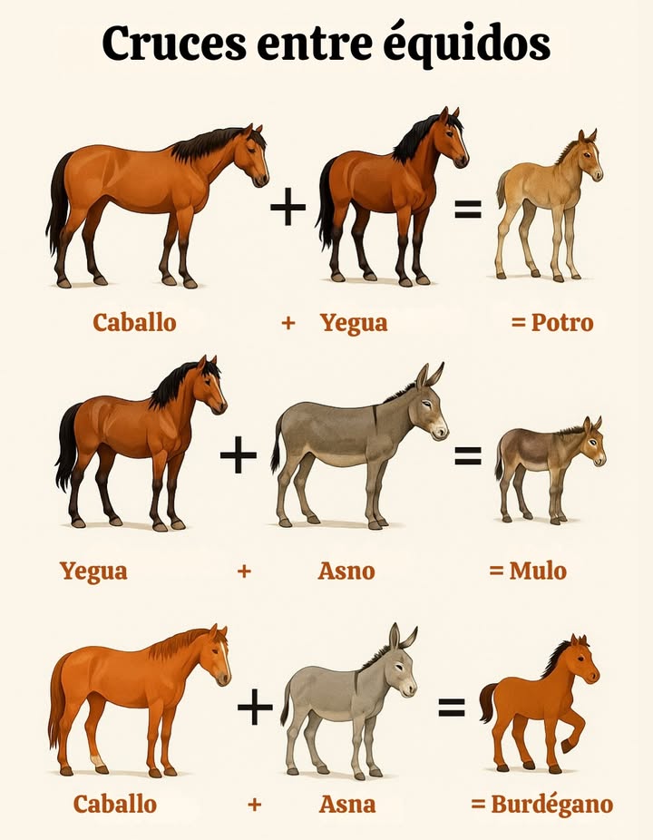溺 Incroci tra equidi  guida rapida 溺

1 Definizioni: cavallo maschio = stallone; femmina = giumenta; asino maschio = asino; femmina = asina  
2 Puledro: stallone  giumenta  normale prole di due cavalli  
3 Mulo: asino  giumenta  ibrido robusto, resistente, passo sicuro  
4 Bardotto: stallone  asina  ibrido simile al mulo, in genere più piccolo e meno diffuso  
5 Sterilità: mulo e bardotto quasi sempre sterili per differenze cromosomiche tra cavallo e asino  
6 Riproduzione: gli ibridi non si riproducono tra loro; si ottengono con nuovi incroci tra specie parentali  
7 Impieghi: mulo storico ausilio per trasporto in montagna e lavori agricoli  
8 Terminologia: puledro = piccolo del cavallo; mulo e bardotto = ibridi interspecifici  
9 Memorizzazione: icone e simboli  e = chiariscono i risultati degli incroci  
 Utilità: risorsa sintetica per studenti, appassionati di zoologia e curiosi del mondo animale