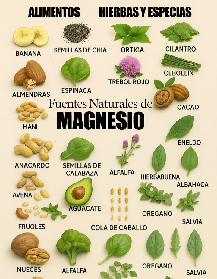 El magnesio: ese aliado silencioso que tu cuerpo agradece más de lo que imaginas.
En medio del ritmo acelerado de la vida moderna, hay minerales que trabajan en silencio para sostenernos. El magnesio es uno de ellos. No tiene fama de superestrella como el calcio o el hierro, pero su rol es tan profundo como invisible: 
– Regula la función de los nervios y los músculos, permitiendo que cada latido, cada movimiento, cada pensamiento fluya con naturalidad.  
– Ayuda a equilibrar el azúcar en sangre y la presión arterial, como un guardián que vela por nuestra estabilidad interna.  
– Participa en la producción de energía, siendo parte esencial del motor que nos mantiene activos, creativos y presentes.  
Y sin embargo, el estrés crónico, el exceso de cafeína, los suelos empobrecidos y las dietas industrializadas lo van agotando poco a poco. Muchas veces, cuando sentimos fatiga, ansiedad o calambres, no pensamos en él pero ahí está, pidiendo ser escuchado.
 La clave? Variedad y conciencia. 
El magnesio no solo está en suplementos. Vive en las semillas, los vegetales verdes, las legumbres, el cacao, y también en hierbas como la ortiga o el diente de león. Alternar fuentes entre alimentos y plantas no solo mejora la absorción, sino que nos conecta con una nutrición más viva, más intuitiva.
 Cuidar el magnesio es cuidar tu sistema nervioso, tu energía y tu paz interior.  
No es una moda, es una forma de volver al equilibrio. De escuchar lo que el cuerpo susurra antes de que grite. De honrar lo invisible que sostiene lo esencial.