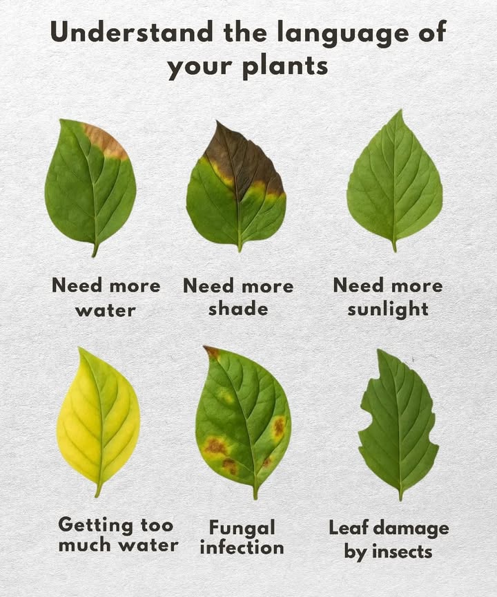 Visual signs that a plant needs help 

1 Lack of water 
Dry leaves, yellow tips, and brittleness.

2 Too much sun 
Burned, yellowish leaves.

3 Not enough light 
Pale leaves and weak stems.

4 Overwatering 
Yellowing leaves and soft roots.

5 Fungal issues 
Spots or mold appearing on leaves.

6 Insect damage 
Holes in leaves or visible pests.

 By checking your plant often, you can react early and keep it thriving.
