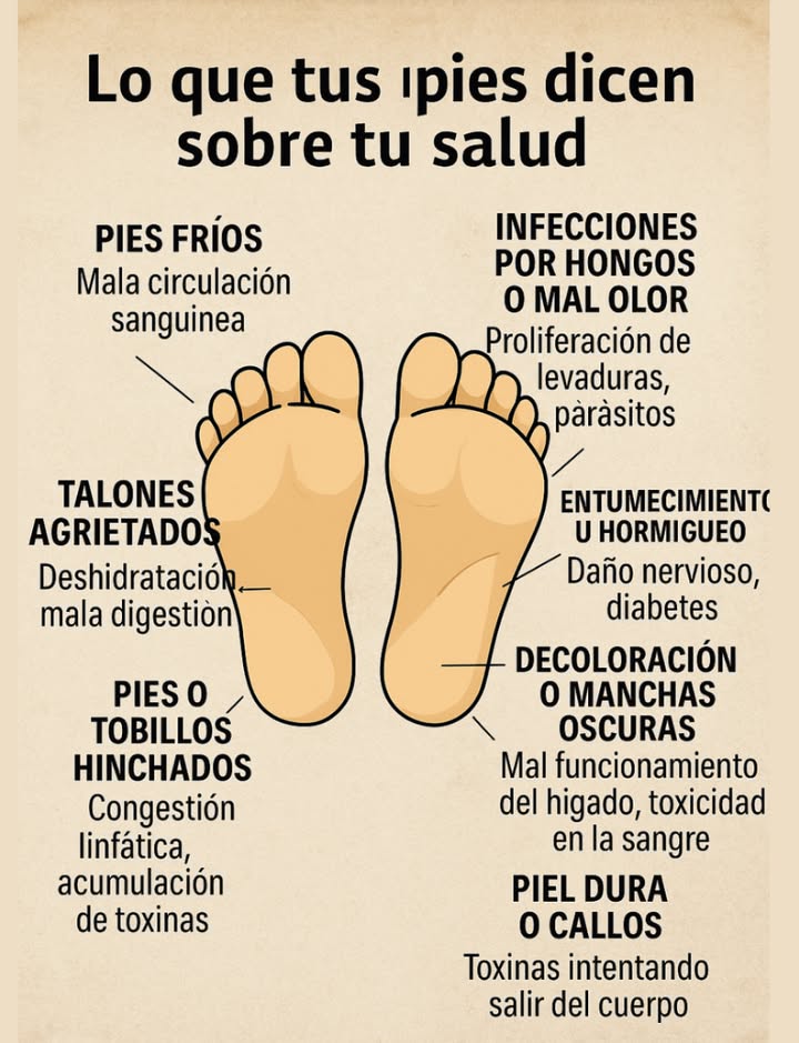 Lo que tus pies pueden indicar sobre tu salud 禮

Pies fríos: Posible mala circulación sanguínea.
Infecciones por hongos o mal olor: Puede deberse a proliferación de levaduras o parásitos.
Entumecimiento u hormigueo: Asociado a daño nervioso o diabetes.
Talones agrietados: Relacionados con deshidratación o mala digestión.
Decoloración o manchas oscuras: Posible mal funcionamiento hepático o toxicidad en la sangre.
Pies o tobillos hinchados: Puede indicar congestión linfática o acumulación de toxinas.

Piel dura o callos: Señal de que el cuerpo intenta expulsar toxinas.