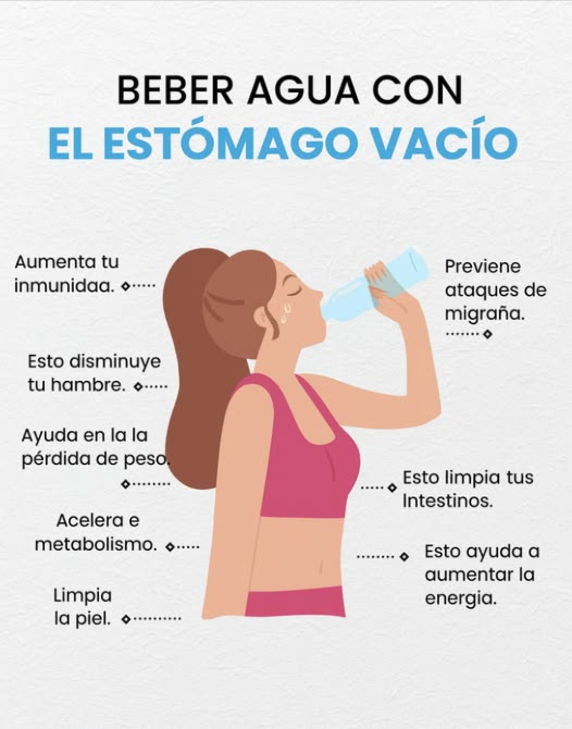 Bebe agua con el estómago vacío 
Tu cuerpo te lo agradecerá:
 Refuerza la inmunidad
 Previene migrañas
 Disminuye el hambre
 Limpia los intestinos
 Favorece la pérdida de peso
 Acelera el metabolismo
 Mejora la piel
 Aumenta la energía
Un hábito simple que transforma tu salud 
#Salud #Bienestar #HábitosSaludables #Agua