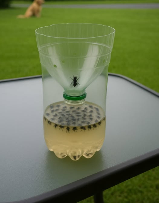 Tuve que sacar esto porque las moscas de este año son RIDÍCULAS… Publiqué esta trampa que hice en 2015, así que les doy la receta para que puedan hacer una… REALMENTE FUNCIONA.  
1/2 taza de azúcar, 1/4 taza de vinagre, 1/2 taza de agua caliente, 1 cucharadita de sal. Y mezclar todo en la botella… Corta la parte del embudo y dale la vuelta.