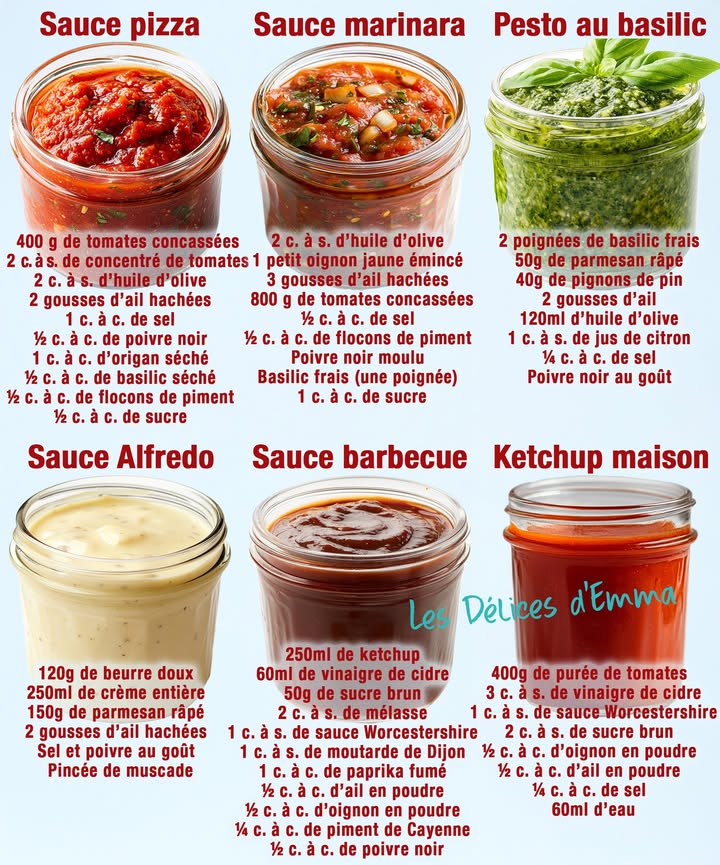 Sublimez vos plats avec 6 sauces maison rapides et delicieuses, pretes en un rien de temps. 
1 Sauce pizza maison
2 Sauce marinara classique
3 Pesto au basilic
4 Sauce Alfredo
5 Sauce barbecue maison
6 Ketchup maison
 퐈퐥 퐟퐚퐮퐭 퐪퐮퐞 퐯퐨퐮퐬 퐞퐱퐩퐫퐢퐦퐢퐞퐳 퐪퐮퐞퐥퐪퐮퐞 퐜퐡퐨퐬퐞 퐩퐨퐮퐫 퐜퐨퐧퐭퐢퐧퐮퐞퐫 à 퐫퐞퐜퐞퐯퐨퐢퐫 퐦퐞퐬 퐫퐞퐜퐞퐭퐭퐞퐬.
 퐌퐞퐫퐜퐢 殺
 퐑퐞퐜퐞퐭퐭퐞퐬 퐞퐧  퐂.ퟎ.퐌.퐌.퐄.퐍.퐓.퐀.퐈.퐑.퐄.