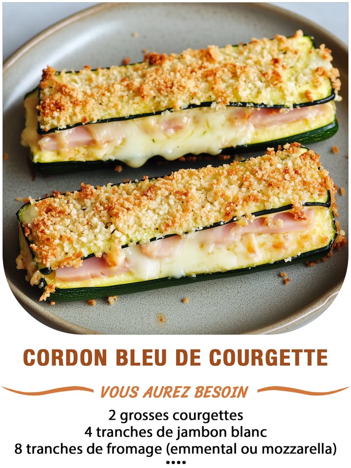 Cordon bleu de courgette 勒燎數
Ingrédients :
 2 grosses courgettes
 4 tranches de jambon blanc
 8 tranches de fromage fondant emmental ou mozzarella
 2 œufs
 40 g de farine
 80 g de chapelure type panko ou chapelure fine
 Huile dolive
 Sel, poivre
 퐈퐥 퐟퐚퐮퐭 퐪퐮퐞 퐯퐨퐮퐬 퐞퐱퐩퐫퐢퐦퐢퐞퐳 퐪퐮퐞퐥퐪퐮퐞 퐜퐡퐨퐬퐞 퐩퐨퐮퐫 퐜퐨퐧퐭퐢퐧퐮퐞퐫 à 퐫퐞퐜퐞퐯퐨퐢퐫 퐦퐞퐬 퐫퐞퐜퐞퐭퐭퐞퐬.
 퐌퐞퐫퐜퐢 殺
 퐑퐞퐜퐞퐭퐭퐞 퐞퐧  퐂.ퟎ.퐌.퐌.퐄.퐍.퐓.퐀.퐈.퐑.퐄.