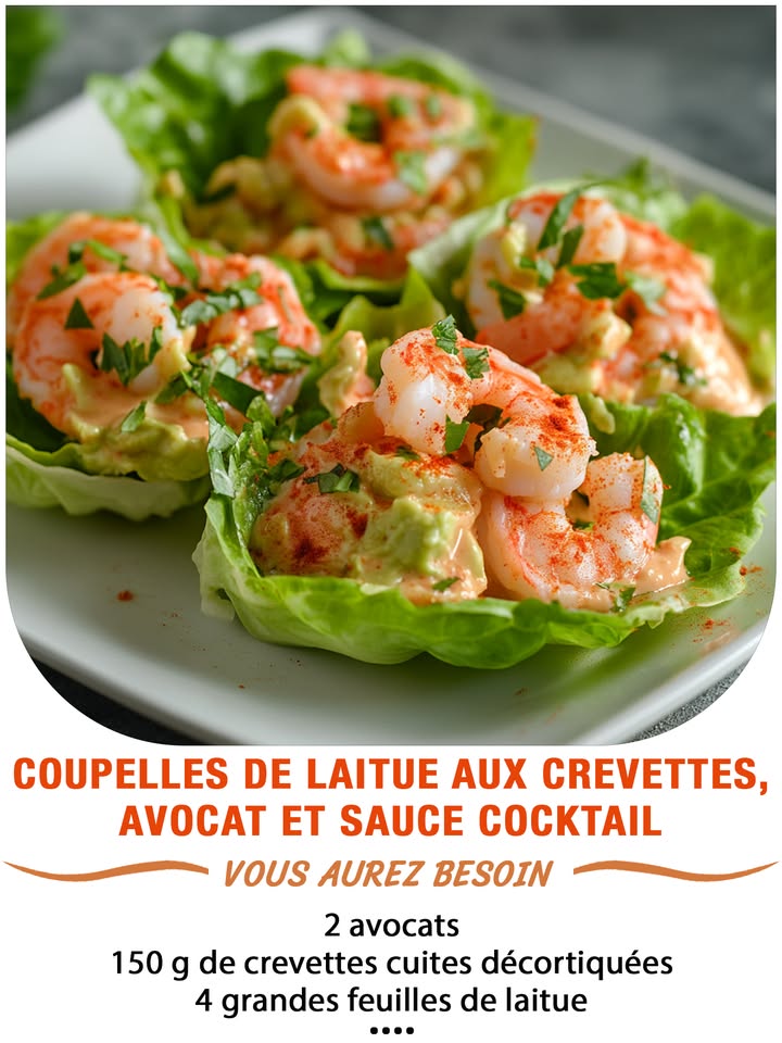 Coupelles de laitue aux crevettes, avocat et sauce cocktail 塞陋
Ingrédients :
 2 avocats
 150 g de crevettes cuites décortiquées
 4 grandes feuilles de laitue
 2 cuillères à soupe de mayonnaise
 1 cuillère à soupe de ketchup
 1 trait de citron
 Sel, poivre
 퐈퐥 퐟퐚퐮퐭 퐪퐮퐞 퐯퐨퐮퐬 퐞퐱퐩퐫퐢퐦퐢퐞퐳 퐪퐮퐞퐥퐪퐮퐞 퐜퐡퐨퐬퐞 퐩퐨퐮퐫 퐜퐨퐧퐭퐢퐧퐮퐞퐫 à 퐫퐞퐜퐞퐯퐨퐢퐫 퐦퐞퐬 퐫퐞퐜퐞퐭퐭퐞퐬.
 퐌퐞퐫퐜퐢 殺
 퐑퐞퐜퐞퐭퐭퐞 퐞퐧  퐂.ퟎ.퐌.퐌.퐄.퐍.퐓.퐀.퐈.퐑.퐄.