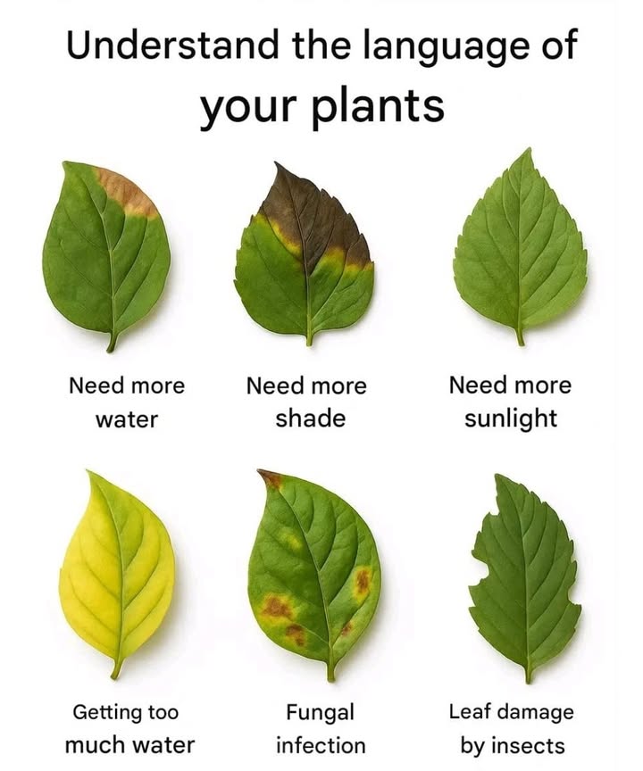 Visual Signs Your Plant Needs Help

1 Too little water 
Dry leaves, yellow tips, and brittleness  your plant is thirsty!

2 Too much sun 
Burnt or yellowing leaves  it might need more shade.

3 Not enough light 
Pale leaves, weak stems  move it closer to a window.

4 Overwatering 
Yellow leaves and soft roots  watch out for excess moisture!

5 Fungal issues 
Spots or mold on leaves  improve airflow and control humidity.

6 Pests 
Holes in leaves or visible bugs  time for a close inspection.