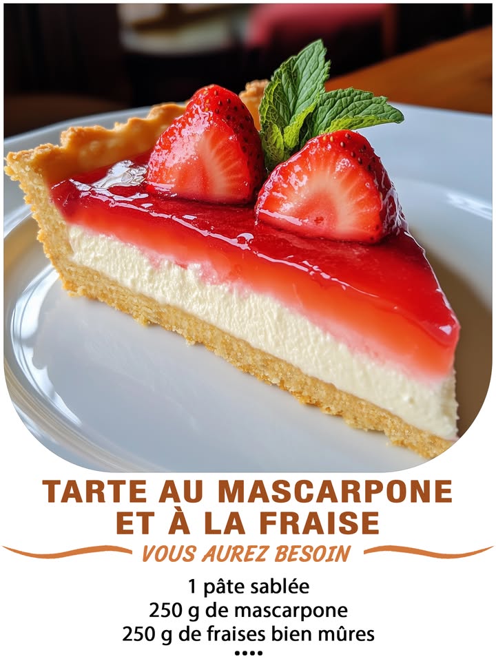 Tarte au mascarpone et à la fraise 
Ingrédients :
1 pâte sablée
250 g de mascarpone
20 cl de crème liquide entière bien froide
60 g de sucre glace
 Pour le curd à la fraise :
250 g de fraises bien mûres
2 œufs
80 g de sucre
1 c. à soupe de maïzena
30 g de beurre
 퐈퐥 퐟퐚퐮퐭 퐪퐮퐞 퐯퐨퐮퐬 퐞퐱퐩퐫퐢퐦퐢퐞퐳 퐪퐮퐞퐥퐪퐮퐞 퐜퐡퐨퐬퐞 퐩퐨퐮퐫 퐜퐨퐧퐭퐢퐧퐮퐞퐫 à 퐫퐞퐜퐞퐯퐨퐢퐫 퐦퐞퐬 퐫퐞퐜퐞퐭퐭퐞퐬.
. 퐌퐞퐫퐜퐢. 殺
 퐑퐞퐜퐞퐭퐭퐞 퐞퐧  퐂.ퟎ.퐌.퐌.퐄.퐍.퐓.퐀.퐈.퐑.퐄.