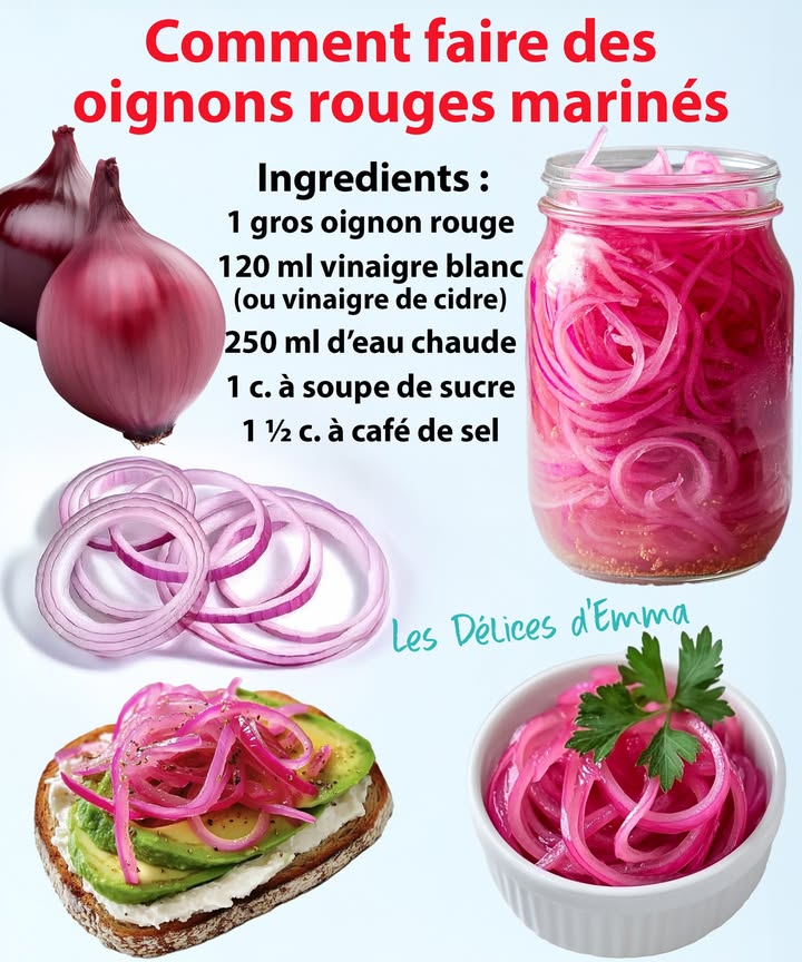Comment faire des oignons rouges marinés 暈暈
Ingrédients :
– 1 gros oignon rouge, finement émincé  
– 120 ml de vinaigre de cidre ou vinaigre blanc  
– 250 ml deau chaude  
– 1 cuillère à soupe de sucre  
– 1  cuillère à café de sel
 퐈퐥 퐟퐚퐮퐭 퐪퐮퐞 퐯퐨퐮퐬 퐞퐱퐩퐫퐢퐦퐢퐞퐳 퐪퐮퐞퐥퐪퐮퐞 퐜퐡퐨퐬퐞 퐩퐨퐮퐫 퐜퐨퐧퐭퐢퐧퐮퐞퐫 à 퐫퐞퐜퐞퐯퐨퐢퐫 퐦퐞퐬 퐫퐞퐜퐞퐭퐭퐞퐬.
 퐌퐞퐫퐜퐢 殺
 퐑퐞퐜퐞퐭퐭퐞 퐞퐧  퐂.ퟎ.퐌.퐌.퐄.퐍.퐓.퐀.퐈.퐑.퐄.
