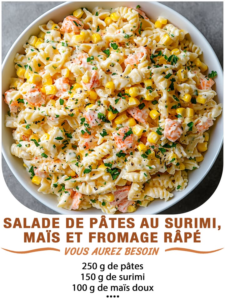 Salade de pâtes au surimi, maïs et fromage râpé
Ingrédients :
250 g de pâtes torsades, coquillettes ou farfalle  
150 g de surimi en bâtonnets ou râpé  
100 g de maïs doux en conserve, égoutté  
80 g de fromage râpé emmental ou comté  
3 cuillères à soupe de mayonnaise  
1 cuillère à soupe de crème fraîche ou yaourt nature  
Jus dun demi-citron  
Sel, poivre  
Ciboulette ou persil facultatif
 퐈퐥 퐟퐚퐮퐭 퐪퐮퐞 퐯퐨퐮퐬 퐞퐱퐩퐫퐢퐦퐢퐞퐳 퐪퐮퐞퐥퐪퐮퐞 퐜퐡퐨퐬퐞 퐩퐨퐮퐫 퐜퐨퐧퐭퐢퐧퐮퐞퐫 à 퐫퐞퐜퐞퐯퐨퐢퐫 퐦퐞퐬 퐫퐞퐜퐞퐭퐭퐞퐬.
. 퐌퐞퐫퐜퐢. 殺
 퐑퐞퐜퐞퐭퐭퐞 퐞퐧  퐂.ퟎ.퐌.퐌.퐄.퐍.퐓.퐀.퐈.퐑.퐄.