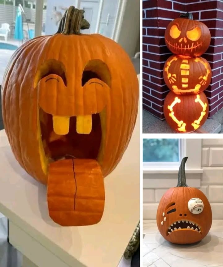 I really like this pumpkin idea, its so amusing 
Pumpkin carving is one of the most enjoyable traditions of Halloween. Beyond the classic scary faces, many people now choose to create fun and unique designs that bring humor and creativity to their decorations.

Some examples include pumpkins with exaggerated teeth and tongues, stacked pumpkins carved like skeletons, or playful expressions such as a pumpkin hit with a baseball. These ideas show that carving is not only about being spooky, but also about adding personality and fun to your home.

Whether you prefer scary or funny styles, pumpkin carving is a great way to celebrate the season, spend time with family, and let your imagination shine.