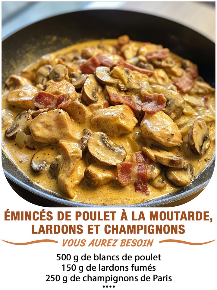 肋 Émincés de poulet à la moutarde, lardons et champignons