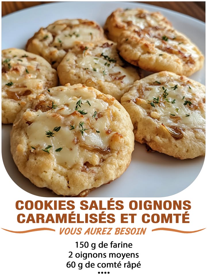 Cookies salés oignons caramélisés et comté
Ingrédients :
– 150 g de farine  
– 60 g de beurre mou  
– 1 œuf  
– 2 oignons moyens  
– 1 cuillère à café de sucre  
– 60 g de comté râpé  
– 1 cuillère à café de thym séché  
– 1/2 sachet de levure chimique  
– Sel, poivre  
– Un filet dhuile dolive
 퐈퐥 퐟퐚퐮퐭 퐪퐮퐞 퐯퐨퐮퐬 퐞퐱퐩퐫퐢퐦퐢퐞퐳 퐪퐮퐞퐥퐪퐮퐞 퐜퐡퐨퐬퐞 퐩퐨퐮퐫 퐜퐨퐧퐭퐢퐧퐮퐞퐫 à 퐫퐞퐜퐞퐯퐨퐢퐫 퐦퐞퐬 퐫퐞퐜퐞퐭퐭퐞퐬.
. 퐌퐞퐫퐜퐢. 殺
 퐑퐞퐜퐞퐭퐭퐞 퐞퐧  퐂.ퟎ.퐌.퐌.퐄.퐍.퐓.퐀.퐈.퐑.퐄.