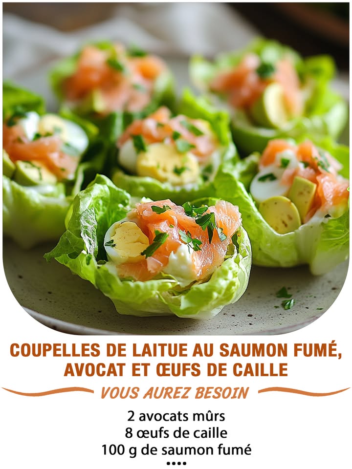 Coupelles de laitue au saumon fumé, avocat et œufs de caille 塞陋讀
Ingrédients :
 2 avocats mûrs
 8 œufs de caille
 100 g de saumon fumé
 4 grandes feuilles de laitue
 1 cuillère à soupe de crème fraîche
 Aneth, sel, poivre
 퐈퐥 퐟퐚퐮퐭 퐪퐮퐞 퐯퐨퐮퐬 퐞퐱퐩퐫퐢퐦퐢퐞퐳 퐪퐮퐞퐥퐪퐮퐞 퐜퐡퐨퐬퐞 퐩퐨퐮퐫 퐜퐨퐧퐭퐢퐧퐮퐞퐫 à 퐫퐞퐜퐞퐯퐨퐢퐫 퐦퐞퐬 퐫퐞퐜퐞퐭퐭퐞퐬.
 퐌퐞퐫퐜퐢 殺
 퐑퐞퐜퐞퐭퐭퐞 퐞퐧  퐂.ퟎ.퐌.퐌.퐄.퐍.퐓.퐀.퐈.퐑.퐄.