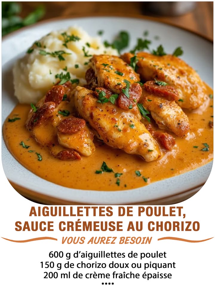 Aiguillettes de Poulet, Sauce Crémeuse au Chorizo 
Ingrédients :
600 g daiguillettes de poulet
150 g de chorizo doux ou piquant
200 ml de crème fraîche épaisse
1 échalote
1 gousse dail
1 cuillère à soupe dhuile dolive
Sel et poivre
Persil frais facultatif
 퐈퐥 퐟퐚퐮퐭 퐪퐮퐞 퐯퐨퐮퐬 퐞퐱퐩퐫퐢퐦퐢퐞퐳 퐪퐮퐞퐥퐪퐮퐞 퐜퐡퐨퐬퐞 퐩퐨퐮퐫 퐜퐨퐧퐭퐢퐧퐮퐞퐫 à 퐫퐞퐜퐞퐯퐨퐢퐫 퐦퐞퐬 퐫퐞퐜퐞퐭퐭퐞퐬.
 퐌퐞퐫퐜퐢 殺
 퐑퐞퐜퐞퐭퐭퐞 퐞퐧  퐂.ퟎ.퐌.퐌.퐄.퐍.퐓.퐀.퐈.퐑.퐄.