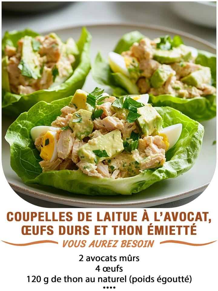 Coupelles de laitue à lavocat, œufs durs et thon émietté 塞讀陋
Ingrédients :
2 avocats mûrs
4 œufs
120 g de thon au naturel poids égoutté
4 grandes feuilles de laitue romaine ou sucrine
1 cuillère à soupe de mayonnaise
1 cuillère à café de moutarde douce
Sel, poivre
 퐈퐥 퐟퐚퐮퐭 퐪퐮퐞 퐯퐨퐮퐬 퐞퐱퐩퐫퐢퐦퐢퐞퐳 퐪퐮퐞퐥퐪퐮퐞 퐜퐡퐨퐬퐞 퐩퐨퐮퐫 퐜퐨퐧퐭퐢퐧퐮퐞퐫 à 퐫퐞퐜퐞퐯퐨퐢퐫 퐦퐞퐬 퐫퐞퐜퐞퐭퐭퐞퐬.
 퐌퐞퐫퐜퐢 殺
 퐑퐞퐜퐞퐭퐭퐞 퐞퐧  퐂.ퟎ.퐌.퐌.퐄.퐍.퐓.퐀.퐈.퐑.퐄.