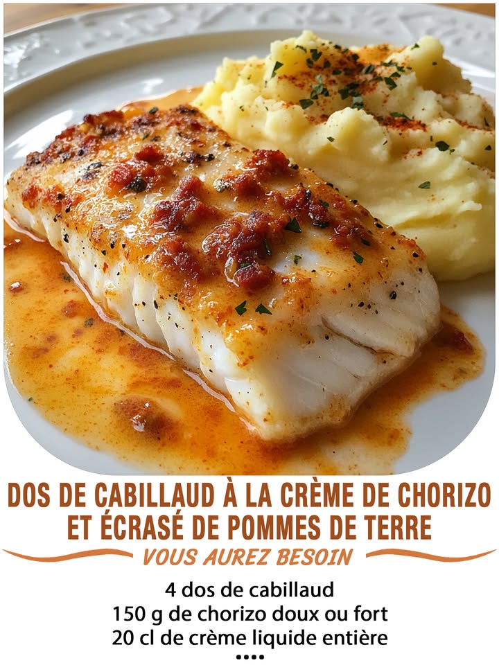 Dos de cabillaud à la crème de chorizo et écrasé de pommes de terre
Ingrédients :
 4 dos de cabillaud
 150 g de chorizo doux ou fort
 20 cl de crème liquide entière
 800 g de pommes de terre
 30 g de beurre
 2 cuillères à soupe dhuile dolive
 Sel, poivre
 Ciboulette ou persil pour la touche finale
 퐈퐥 퐟퐚퐮퐭 퐪퐮퐞 퐯퐨퐮퐬 퐞퐱퐩퐫퐢퐦퐢퐞퐳 퐪퐮퐞퐥퐪퐮퐞 퐜퐡퐨퐬퐞 퐩퐨퐮퐫 퐜퐨퐧퐭퐢퐧퐮퐞퐫 à 퐫퐞퐜퐞퐯퐨퐢퐫 퐦퐞퐬 퐫퐞퐜퐞퐭퐭퐞퐬.
 퐌퐞퐫퐜퐢 殺
 퐑퐞퐜퐞퐭퐭퐞 퐞퐧  퐂.ퟎ.퐌.퐌.퐄.퐍.퐓.퐀.퐈.퐑.퐄.