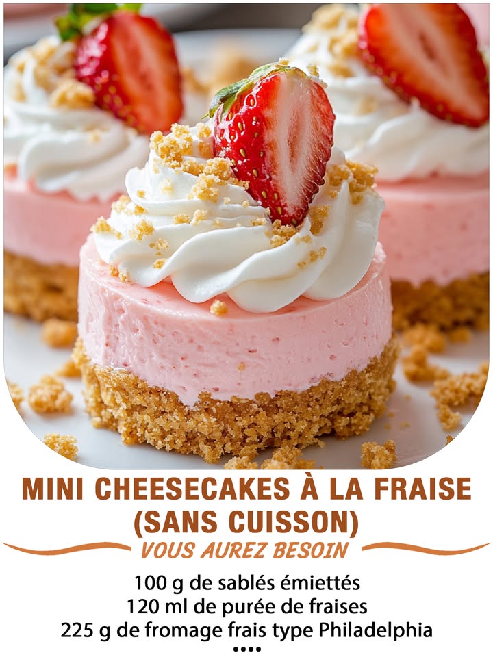 Mini cheesecakes à la fraise sans cuisson
Ingrédients :  
 Pour la base :
– 100 g de sablés émiettés ou biscuits type Petit Beurre  
– 3 cuillères à soupe de beurre fondu  
 Pour lappareil à cheesecake :
– 225 g de fromage frais type Philadelphia, à température ambiante  
– 120 ml de lait concentré sucré  
– 1 cuillère à café dextrait de vanille  
– 120 ml de purée de fraises fraîches ou surgelées mixées  
– 250 ml de chantilly type crème fouettée ou Chantilly en bombe
 퐈퐥 퐟퐚퐮퐭 퐪퐮퐞 퐯퐨퐮퐬 퐞퐱퐩퐫퐢퐦퐢퐞퐳 퐪퐮퐞퐥퐪퐮퐞 퐜퐡퐨퐬퐞 퐩퐨퐮퐫 퐜퐨퐧퐭퐢퐧퐮퐞퐫 à 퐫퐞퐜퐞퐯퐨퐢퐫 퐦퐞퐬 퐫퐞퐜퐞퐭퐭퐞퐬.
. 퐌퐞퐫퐜퐢. 殺
 퐑퐞퐜퐞퐭퐭퐞 퐞퐧  퐂.ퟎ.퐌.퐌.퐄.퐍.퐓.퐀.퐈.퐑.퐄.