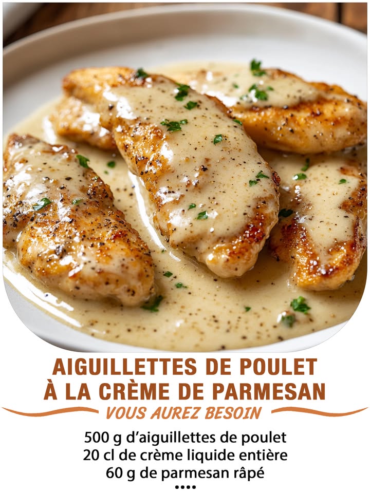 Aiguillettes de poulet à la crème de parmesan 燎
Ingrédients :
 500 g daiguillettes de poulet
 20 cl de crème liquide entière
 60 g de parmesan râpé
 1 échalote
 1 cuillère à soupe dhuile dolive
 10 g de beurre
 Sel, poivre
 Persil frais facultatif
 퐈퐥 퐟퐚퐮퐭 퐪퐮퐞 퐯퐨퐮퐬 퐞퐱퐩퐫퐢퐦퐢퐞퐳 퐪퐮퐞퐥퐪퐮퐞 퐜퐡퐨퐬퐞 퐩퐨퐮퐫 퐜퐨퐧퐭퐢퐧퐮퐞퐫 à 퐫퐞퐜퐞퐯퐨퐢퐫 퐦퐞퐬 퐫퐞퐜퐞퐭퐭퐞퐬.
 퐌퐞퐫퐜퐢 殺
 퐑퐞퐜퐞퐭퐭퐞 퐞퐧  퐂.ퟎ.퐌.퐌.퐄.퐍.퐓.퐀.퐈.퐑.퐄.