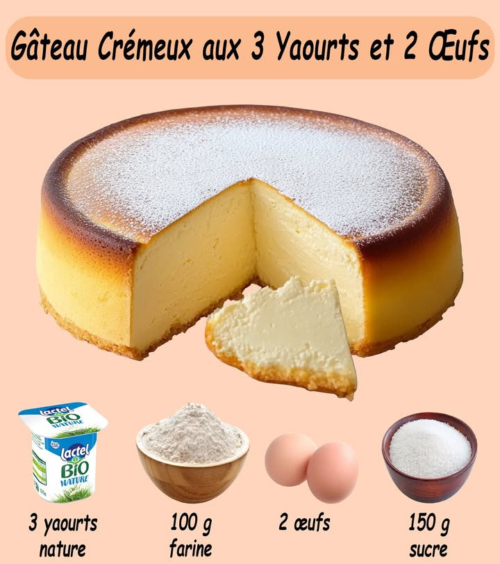 Gateau Cremeux aux 3 Yaourts et 2 Œufs

Ingrédients :

3 yaourts nature 375 g environ
2 œufs
100 g de farine