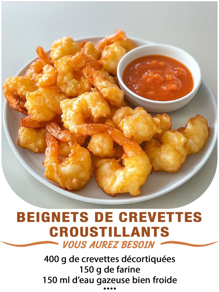 Beignets de Crevettes Croustillants 
Ingrédients :
400 g de crevettes décortiquées en laissant la queue
150 g de farine
1 œuf
150 ml deau gazeuse bien froide ou de bière
1 cuillère à café de levure chimique
1 pincée de sel
Huile de friture
 퐈퐥 퐟퐚퐮퐭 퐪퐮퐞 퐯퐨퐮퐬 퐞퐱퐩퐫퐢퐦퐢퐞퐳 퐪퐮퐞퐥퐪퐮퐞 퐜퐡퐨퐬퐞 퐩퐨퐮퐫 퐜퐨퐧퐭퐢퐧퐮퐞퐫 à 퐫퐞퐜퐞퐯퐨퐢퐫 퐦퐞퐬 퐫퐞퐜퐞퐭퐭퐞퐬.
 퐌퐞퐫퐜퐢 殺
 퐑퐞퐜퐞퐭퐭퐞 퐞퐧  퐂.ퟎ.퐌.퐌.퐄.퐍.퐓.퐀.퐈.퐑.퐄.