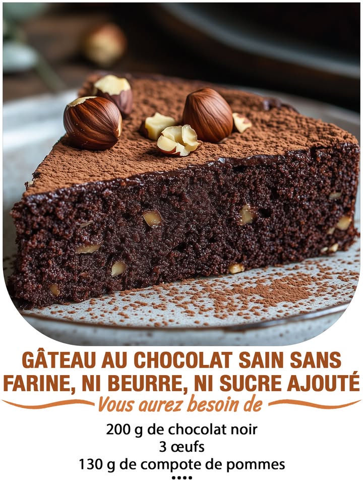 Gateau au chocolat sain sans farine, ni beurre, ni sucre ajoute 
Ingrédients :
200 g de chocolat noir
3 œufs
130 g de compote de pommes sans sucre ajouté
125 g damandes en poudre
1 cuillère à café de levure chimique
1 cuillère à café de vanille
1 pincée de sel
Noisettes concassées facultatif
Cacao en poudre non sucré pour la décoration
 퐈퐥 퐟퐚퐮퐭 퐪퐮퐞 퐯퐨퐮퐬 퐞퐱퐩퐫퐢퐦퐢퐞퐳 퐪퐮퐞퐥퐪퐮퐞 퐜퐡퐨퐬퐞 퐩퐨퐮퐫 퐜퐨퐧퐭퐢퐧퐮퐞퐫 à 퐫퐞퐜퐞퐯퐨퐢퐫 퐦퐞퐬 퐫퐞퐜퐞퐭퐭퐞퐬.
. 퐌퐞퐫퐜퐢. 殺
 퐑퐞퐜퐞퐭퐭퐞 퐞퐧  퐂.ퟎ.퐌.퐌.퐄.퐍.퐓.퐀.퐈.퐑.퐄.
