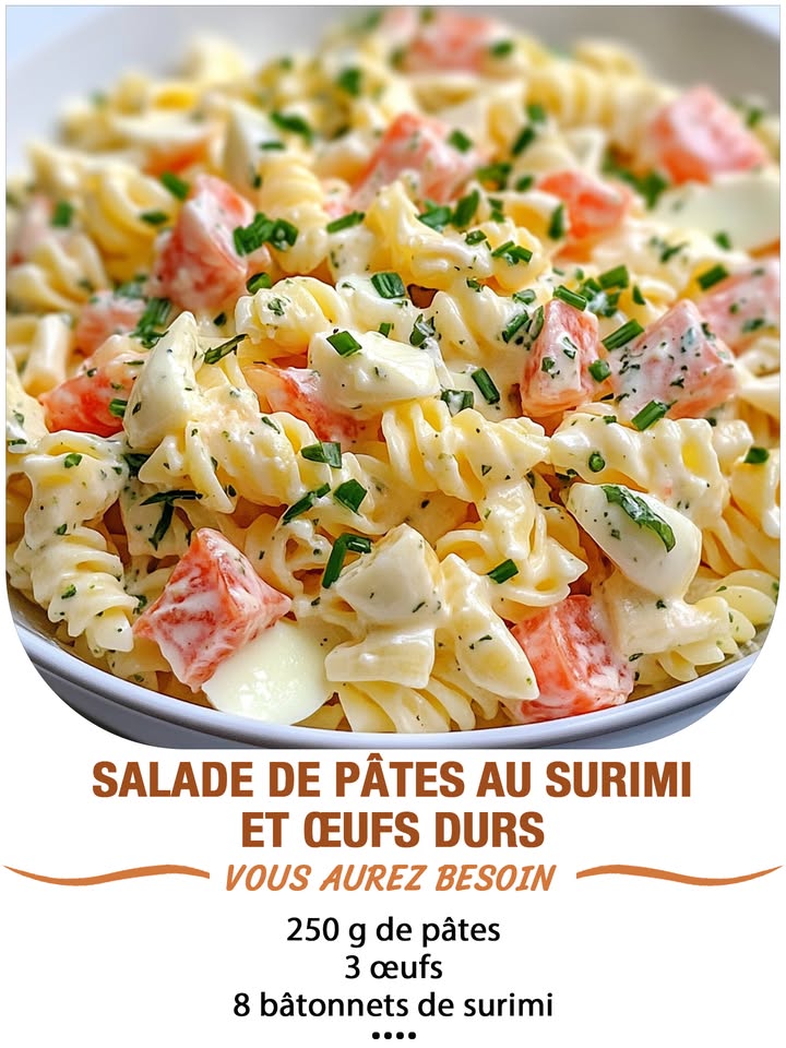 Salade de pâtes au surimi et œufs durs
Ingrédients :  
250 g de pâtes torsades, coquillettes ou farfalle  
8 bâtonnets de surimi  
3 œufs  
1 tomate ou quelques tomates cerises  
3 cuillères à soupe de mayonnaise  
1 cuillère à soupe de yaourt nature ou de crème facultatif pour alléger  
Ciboulette ou persil  
Sel, poivre
 퐈퐥 퐟퐚퐮퐭 퐪퐮퐞 퐯퐨퐮퐬 퐞퐱퐩퐫퐢퐦퐢퐞퐳 퐪퐮퐞퐥퐪퐮퐞 퐜퐡퐨퐬퐞 퐩퐨퐮퐫 퐜퐨퐧퐭퐢퐧퐮퐞퐫 à 퐫퐞퐜퐞퐯퐨퐢퐫 퐦퐞퐬 퐫퐞퐜퐞퐭퐭퐞퐬.
. 퐌퐞퐫퐜퐢. 殺
 퐑퐞퐜퐞퐭퐭퐞 퐞퐧  퐂.ퟎ.퐌.퐌.퐄.퐍.퐓.퐀.퐈.퐑.퐄.