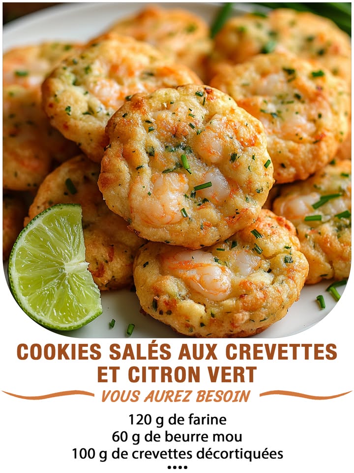 Cookies salés aux crevettes et citron vert
Ingrédients :
120 g de farine  
1 œuf  
60 g de beurre mou  
100 g de crevettes décortiquées et coupées en petits morceaux  
Zeste râpé d1 citron vert  
1 cuillère à soupe de jus de citron vert  
1 cuillère à café de levure chimique  
Poivre du moulin  
Ciboulette ciselée optionnel
 퐈퐥 퐟퐚퐮퐭 퐪퐮퐞 퐯퐨퐮퐬 퐞퐱퐩퐫퐢퐦퐢퐞퐳 퐪퐮퐞퐥퐪퐮퐞 퐜퐡퐨퐬퐞 퐩퐨퐮퐫 퐜퐨퐧퐭퐢퐧퐮퐞퐫 à 퐫퐞퐜퐞퐯퐨퐢퐫 퐦퐞퐬 퐫퐞퐜퐞퐭퐭퐞퐬.
. 퐌퐞퐫퐜퐢. 殺
 퐑퐞퐜퐞퐭퐭퐞 퐞퐧  퐂.ퟎ.퐌.퐌.퐄.퐍.퐓.퐀.퐈.퐑.퐄.