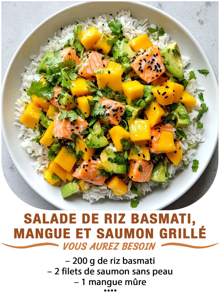Salade de riz basmati, mangue et saumon grillé 省陋
Ingrédients :
 200 g de riz basmati
 2 filets de saumon sans peau
 1 mangue mûre
 1 avocat
 Le jus d1 citron vert
 2 cuillères à soupe de sauce soja sucrée
 2 cuillères à soupe dhuile dolive
 1 petit bouquet de coriandre fraîche
 Sel, poivre
 퐈퐥 퐟퐚퐮퐭 퐪퐮퐞 퐯퐨퐮퐬 퐞퐱퐩퐫퐢퐦퐢퐞퐳 퐪퐮퐞퐥퐪퐮퐞 퐜퐡퐨퐬퐞 퐩퐨퐮퐫 퐜퐨퐧퐭퐢퐧퐮퐞퐫 à 퐫퐞퐜퐞퐯퐨퐢퐫 퐦퐞퐬 퐫퐞퐜퐞퐭퐭퐞퐬.
 퐌퐞퐫퐜퐢 殺
 퐑퐞퐜퐞퐭퐭퐞 퐞퐧  퐂.ퟎ.퐌.퐌.퐄.퐍.퐓.퐀.퐈.퐑.퐄.