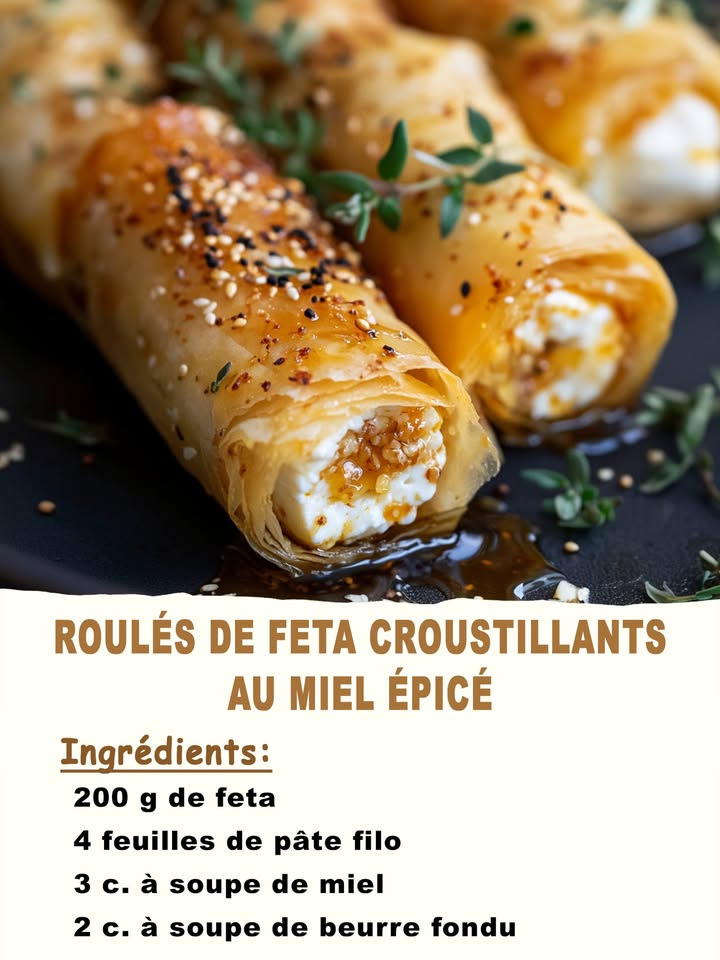 Roulés de feta croustillants au miel épicé

Ingrédients :

    200 g de feta
    4 feuilles de pâte filo
    3 c. à soupe de miel
    1 c. à café de piment dEspelette ou de flocons de piment