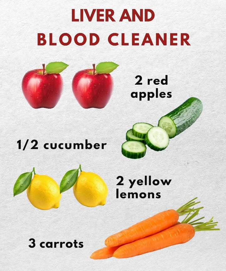 Liver and Blood Cleansing Juice 

1 2 apples  Packed with antioxidants that support healthy liver function 
2 1/2 cucumber  Hydrates and helps flush out toxins 勒
3 2 lemons  A natural source of vitamin C that boosts detoxification 
4 3 carrots  Rich in beta-carotene that strengthens blood health 凌

Wash all ingredients well, chop them, and blend until smooth. Drink fresh to enjoy a gentle and nutritious boost.