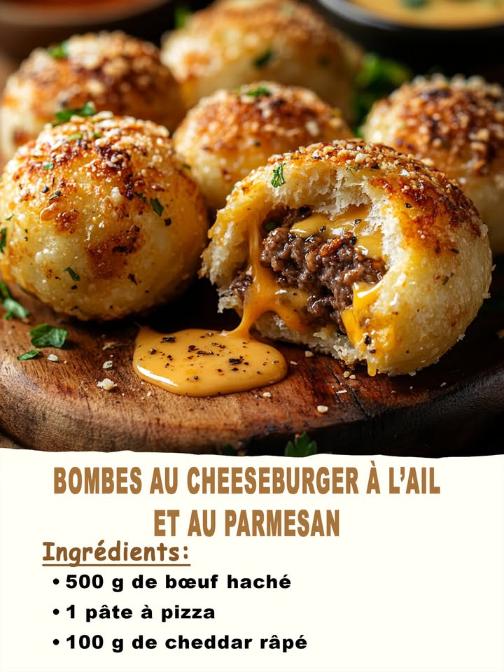 Bombes au cheeseburger à lail et au parmesan

Ingrédients :

    500 g de bœuf haché
    1 pâte à pizza
    100 g de cheddar râpé