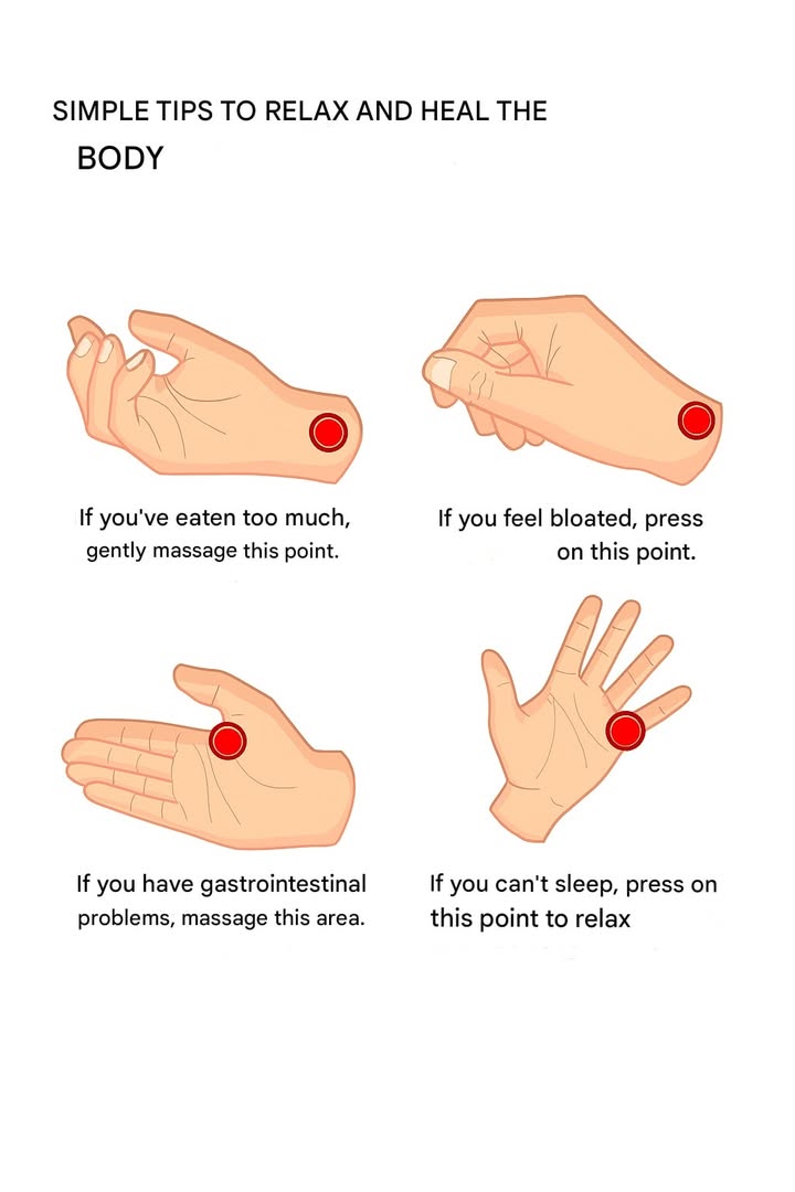 Simple tips to relax your body and ease discomfort:

 If youve overeaten, gently massage the highlighted point to support digestion.
 When feeling bloated, press the shown point to help reduce swelling.
 For digestive discomfort, massage the suggested area.
 If you cant fall asleep, apply light pressure to the marked point to relax.
