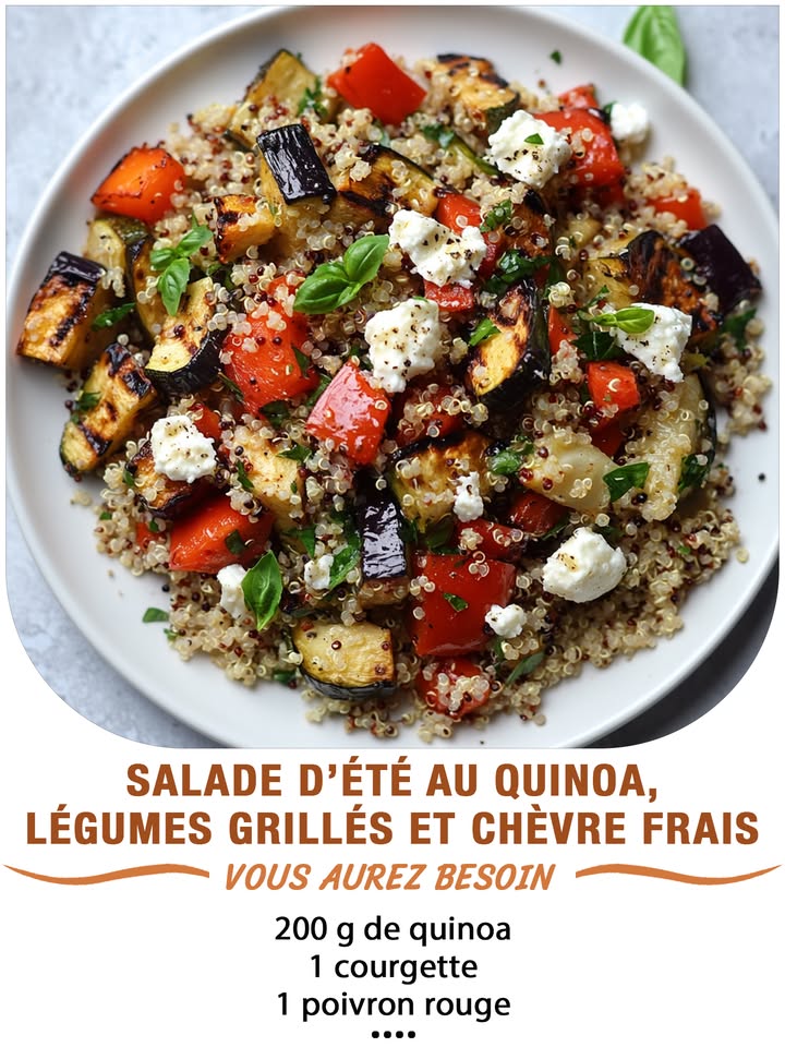 Salade dété au quinoa, légumes grillés et chèvre frais
Ingrédients :
 200 g de quinoa
 1 courgette
 1 poivron rouge
 1 aubergine
 100 g de fromage de chèvre frais
 2 cuillères à soupe dhuile dolive
 1 cuillère à soupe de jus de citron
 Sel, poivre
 Herbes de Provence ou basilic frais
 퐈퐥 퐟퐚퐮퐭 퐪퐮퐞 퐯퐨퐮퐬 퐞퐱퐩퐫퐢퐦퐢퐞퐳 퐪퐮퐞퐥퐪퐮퐞 퐜퐡퐨퐬퐞 퐩퐨퐮퐫 퐜퐨퐧퐭퐢퐧퐮퐞퐫 à 퐫퐞퐜퐞퐯퐨퐢퐫 퐦퐞퐬 퐫퐞퐜퐞퐭퐭퐞퐬.
 퐌퐞퐫퐜퐢 殺
 퐑퐞퐜퐞퐭퐭퐞 퐞퐧  퐂.ퟎ.퐌.퐌.퐄.퐍.퐓.퐀.퐈.퐑.퐄.