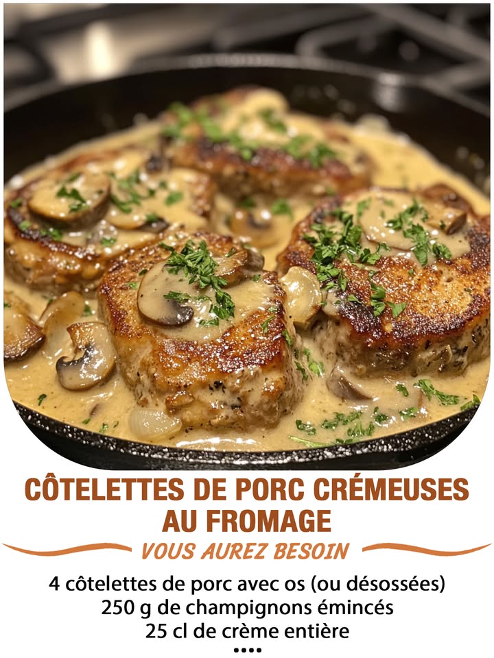 Côtelettes de Porc Crémeuses au Fromage
Ingrédients :
4 côtelettes de porc avec os ou désossées
1 c. à café dail en poudre
1 c. à café de paprika
Sel et poivre au goût
2 c. à soupe dhuile dolive
1 oignon émincé
250 g de champignons émincés
2 gousses dail hachées
25 cl de crème entière
12 cl de bouillon de volaille
100 g de mozzarella râpée
50 g de parmesan râpé
1 c. à soupe de persil frais ciselé
 퐈퐥 퐟퐚퐮퐭 퐪퐮퐞 퐯퐨퐮퐬 퐞퐱퐩퐫퐢퐦퐢퐞퐳 퐪퐮퐞퐥퐪퐮퐞 퐜퐡퐨퐬퐞 퐩퐨퐮퐫 퐜퐨퐧퐭퐢퐧퐮퐞퐫 à 퐫퐞퐜퐞퐯퐨퐢퐫 퐦퐞퐬 퐫퐞퐜퐞퐭퐭퐞퐬.
 퐌퐞퐫퐜퐢 殺
 퐑퐞퐜퐞퐭퐭퐞 퐞퐧  퐂.ퟎ.퐌.퐌.퐄.퐍.퐓.퐀.퐈.퐑.퐄.