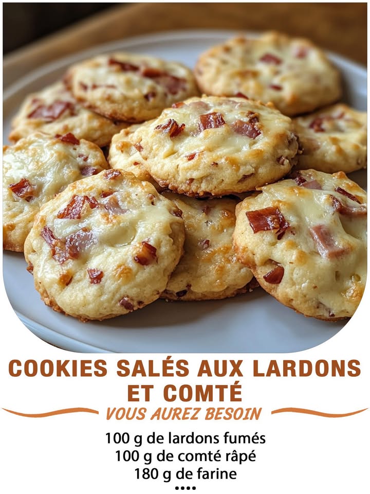 Cookies salés aux lardons et comté
Ingrédients :
100 g de lardons fumés
100 g de comté râpé
180 g de farine
1 œuf
60 g de beurre mou
1/2 sachet de levure chimique
Poivre du moulin sel facultatif selon les lardons
