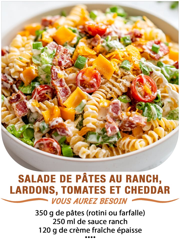 Salade de pâtes au ranch, lardons, tomates et cheddar 肋燎
Ingrédients :
350 g de pâtes rotini ou farfalle
250 ml de sauce ranch
120 g de crème fraîche épaisse
200 g de tomates cerises coupées en deux
150 g de laitue romaine ou iceberg émincée
100 g de cheddar râpé
150 g de lardons fumés, dorés à la poêle
Sel, poivre
Optionnel Quelques oignons verts ciselés
 퐈퐥 퐟퐚퐮퐭 퐪퐮퐞 퐯퐨퐮퐬 퐞퐱퐩퐫퐢퐦퐢퐞퐳 퐪퐮퐞퐥퐪퐮퐞 퐜퐡퐨퐬퐞 퐩퐨퐮퐫 퐜퐨퐧퐭퐢퐧퐮퐞퐫 à 퐫퐞퐜퐞퐯퐨퐢퐫 퐦퐞퐬 퐫퐞퐜퐞퐭퐭퐞퐬.
 퐌퐞퐫퐜퐢 殺
 퐑퐞퐜퐞퐭퐭퐞 퐞퐧  퐂.ퟎ.퐌.퐌.퐄.퐍.퐓.퐀.퐈.퐑.퐄.