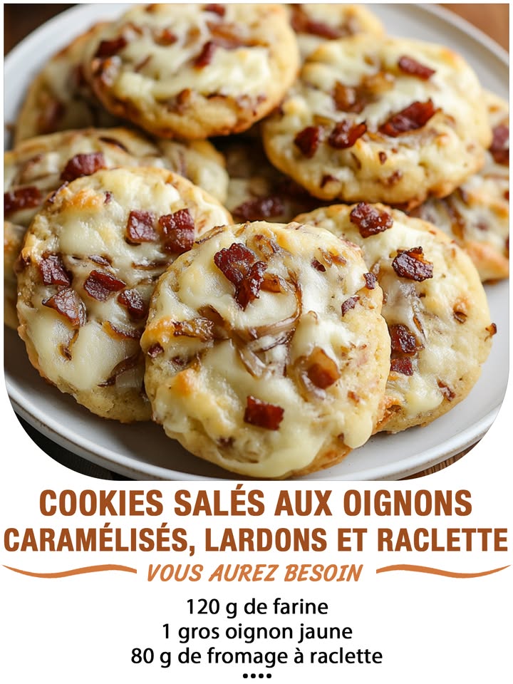 Cookies salés aux oignons caramélisés, lardons et raclette
Ingrédients :
100 g de lardons fumés  
1 gros oignon jaune  
1 cuillère à soupe de sucre  
1 cuillère à soupe dhuile dolive  
80 g de fromage à raclette en petits morceaux  
120 g de farine  
60 g de beurre mou  
1 œuf  
1/2 sachet de levure chimique  
Poivre du moulin
 퐈퐥 퐟퐚퐮퐭 퐪퐮퐞 퐯퐨퐮퐬 퐞퐱퐩퐫퐢퐦퐢퐞퐳 퐪퐮퐞퐥퐪퐮퐞 퐜퐡퐨퐬퐞 퐩퐨퐮퐫 퐜퐨퐧퐭퐢퐧퐮퐞퐫 à 퐫퐞퐜퐞퐯퐨퐢퐫 퐦퐞퐬 퐫퐞퐜퐞퐭퐭퐞퐬.
. 퐌퐞퐫퐜퐢. 殺
 퐑퐞퐜퐞퐭퐭퐞 퐞퐧  퐂.ퟎ.퐌.퐌.퐄.퐍.퐓.퐀.퐈.퐑.퐄.