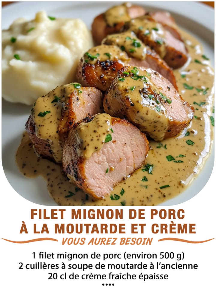 Filet mignon de porc à la moutarde et crème
Ingrédients :
 1 filet mignon de porc environ 500 g
 2 cuillères à soupe de moutarde à lancienne
 20 cl de crème fraîche épaisse
 1 échalote
 1 cuillère à soupe dhuile
 10 g de beurre
 Sel, poivre
 Persil ou ciboulette facultatif
 퐈퐥 퐟퐚퐮퐭 퐪퐮퐞 퐯퐨퐮퐬 퐞퐱퐩퐫퐢퐦퐢퐞퐳 퐪퐮퐞퐥퐪퐮퐞 퐜퐡퐨퐬퐞 퐩퐨퐮퐫 퐜퐨퐧퐭퐢퐧퐮퐞퐫 à 퐫퐞퐜퐞퐯퐨퐢퐫 퐦퐞퐬 퐫퐞퐜퐞퐭퐭퐞퐬.
 퐌퐞퐫퐜퐢 殺
 퐑퐞퐜퐞퐭퐭퐞 퐞퐧  퐂.ퟎ.퐌.퐌.퐄.퐍.퐓.퐀.퐈.퐑.퐄.