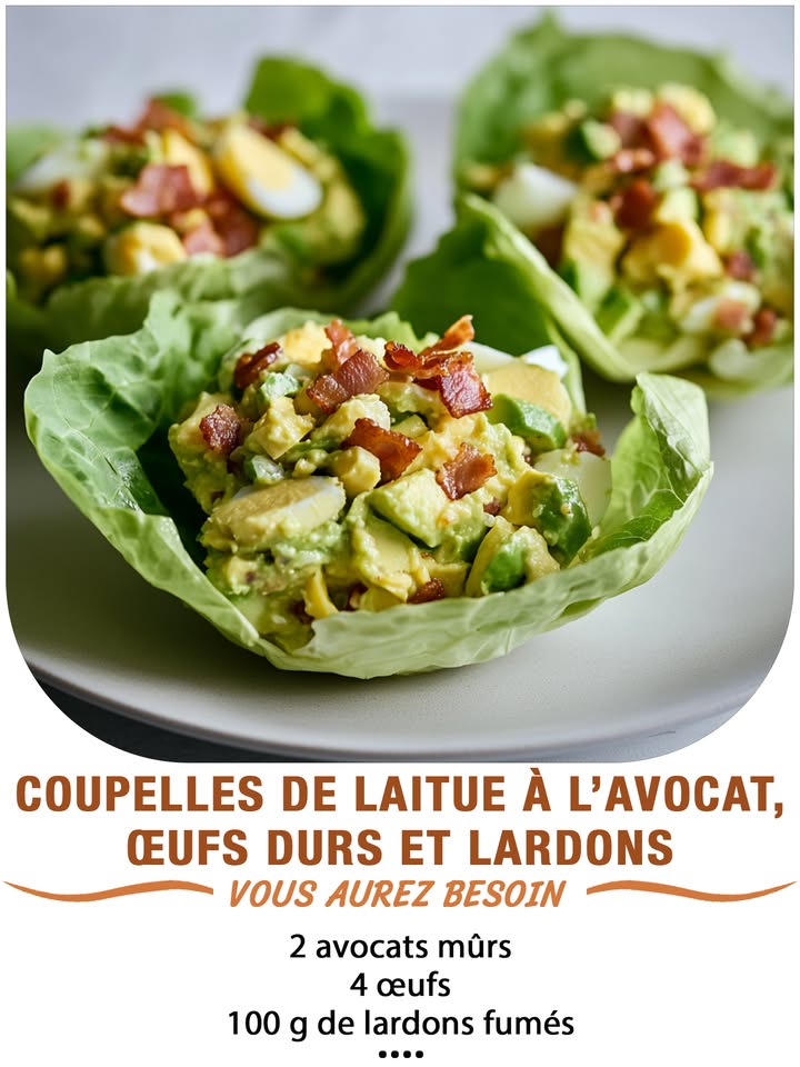 Coupelles de laitue à lavocat, œufs durs et lardons croustillants

Ingrédients :
2 avocats mûrs
4 œufs
100 g de lardons fumés
……
Recette complète en Coʍmеոτaire