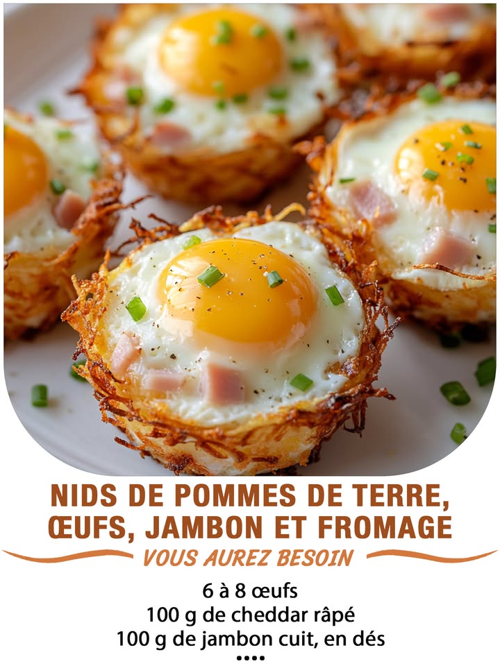 Nids de pommes de terre, œufs, jambon et fromage  croustillants, fondants et irrésistibles pour le petit-déjeuner