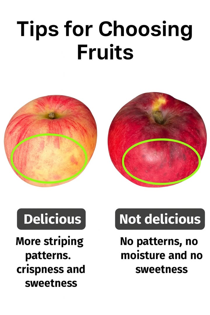 Tip for Picking Sweet and Juicy Apples 

1 Flavorful Apple
 Striped, vibrant skin
 Crunchy and naturally sweet
 Sign of freshness and rich taste

2 Less Tasty Apple
 Plain skin without visible patterns
 Low moisture inside
 Lacks crunch and sweetness

 Always choose apples with bright, striped skins to ensure the best flavor and quality.