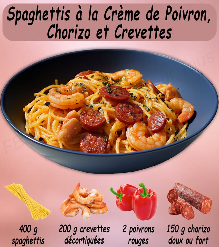 Spaghettis à la Crème de Poivron, Chorizo et Crevettes